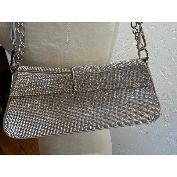 Silver Glitter Baguette Shoulder Bag Chain Strap Evening Party Purse - Picture 3 of 10